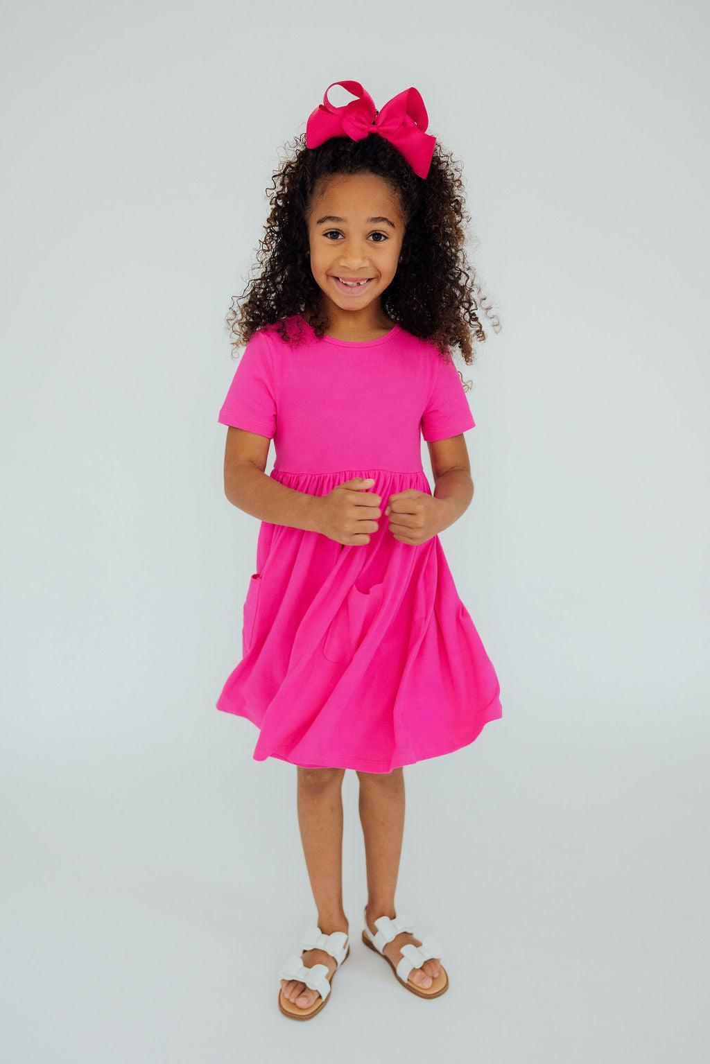 Hot Pink Short Sleeve Pocket Twirl Dress