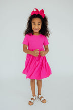 Hot Pink Short Sleeve Pocket Twirl Dress