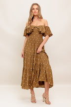 BELLE AMOUR BROWN WOVEN MIDI DRESS