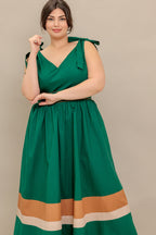 FOREST CHARM WOVEN COLOR BLOCKED MIDI DRESS