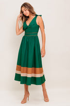 FOREST CHARM WOVEN COLOR BLOCKED MIDI DRESS