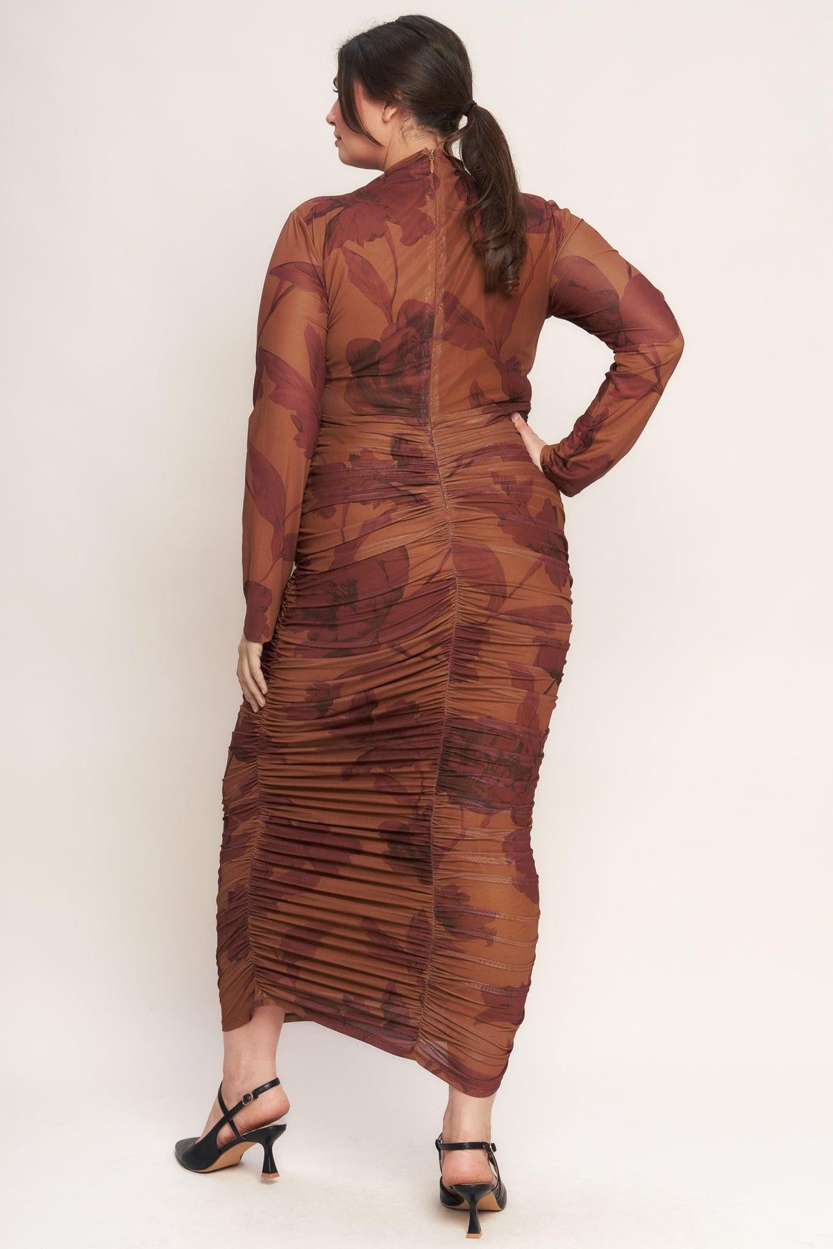 AMBER FLORA POWER MESH MIDI DRESS