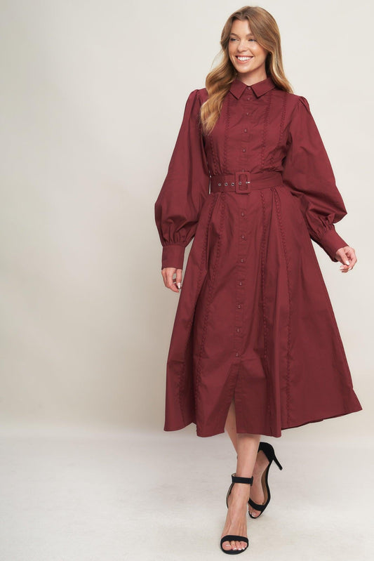 MODERN FEMME BURGUNDY WOVEN MIDI DRESS