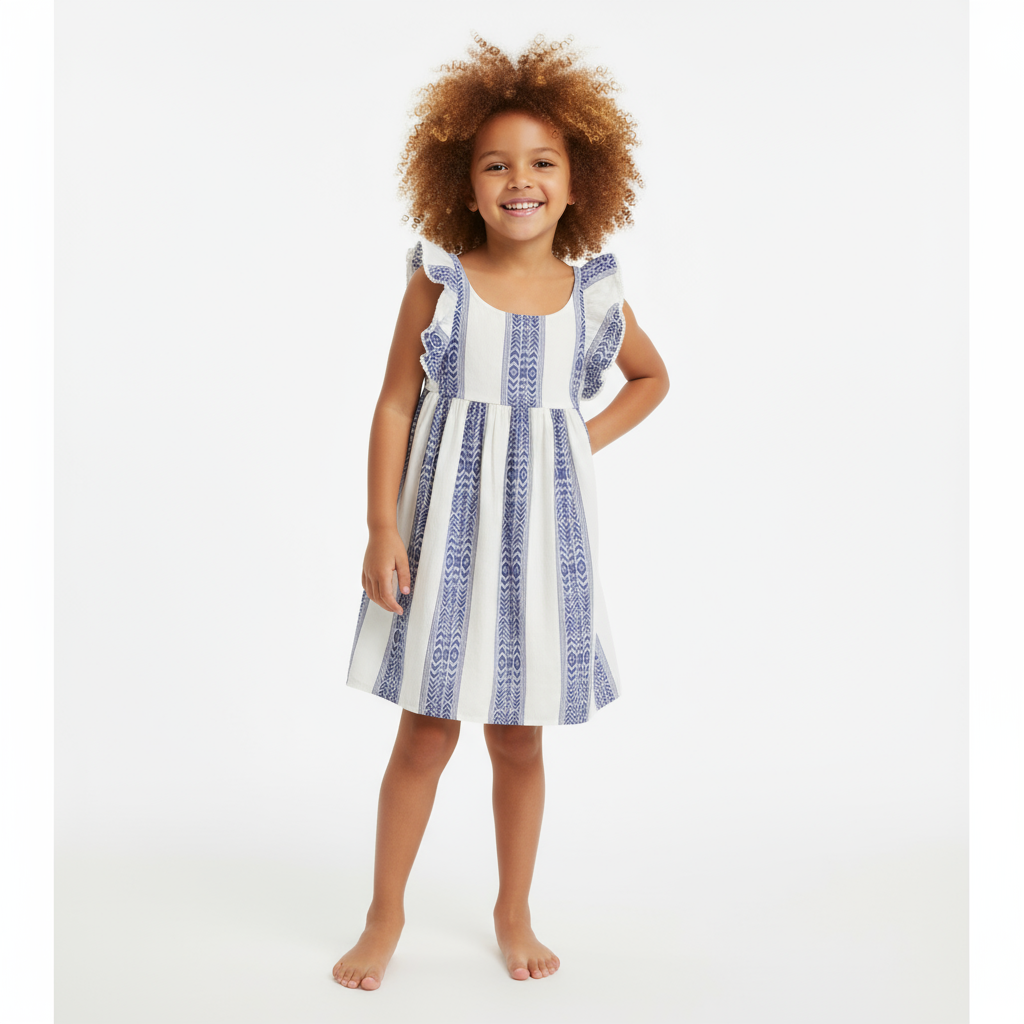 Daphne Girls Flutter Sleeve Dress Navy Stripe