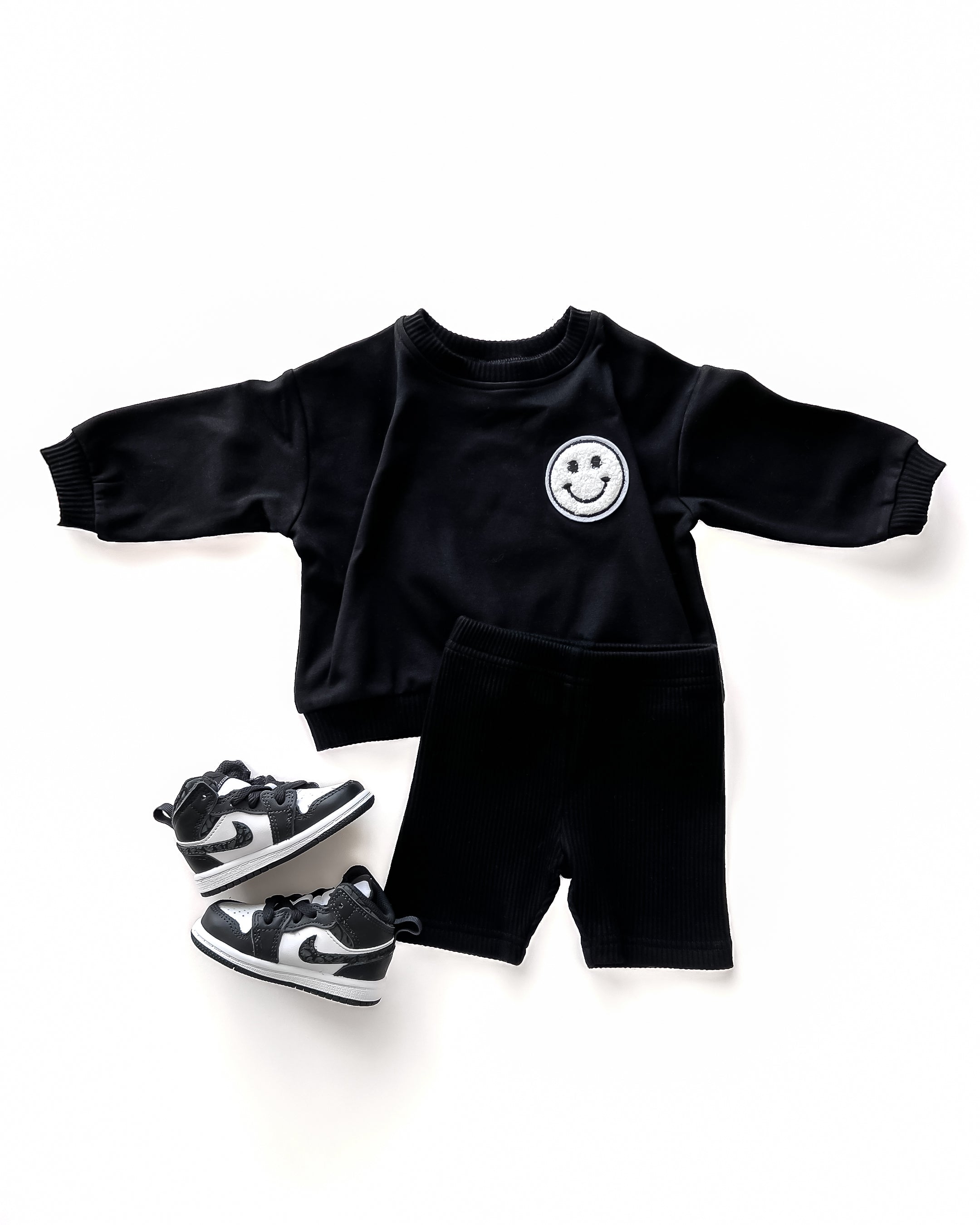 Black Smiley Biker Shorts Set