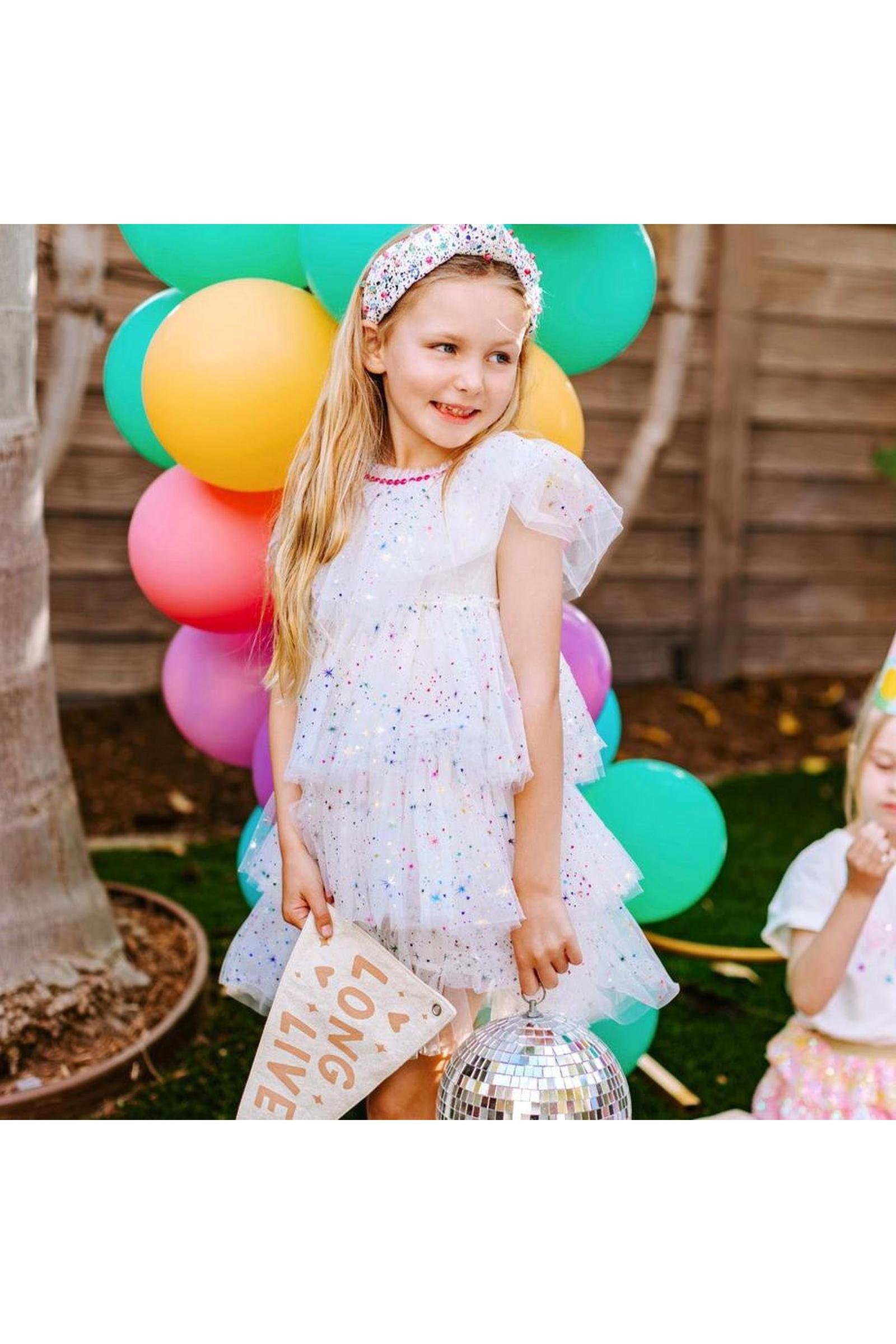 Girls White Sparkler Foil Cake Dress