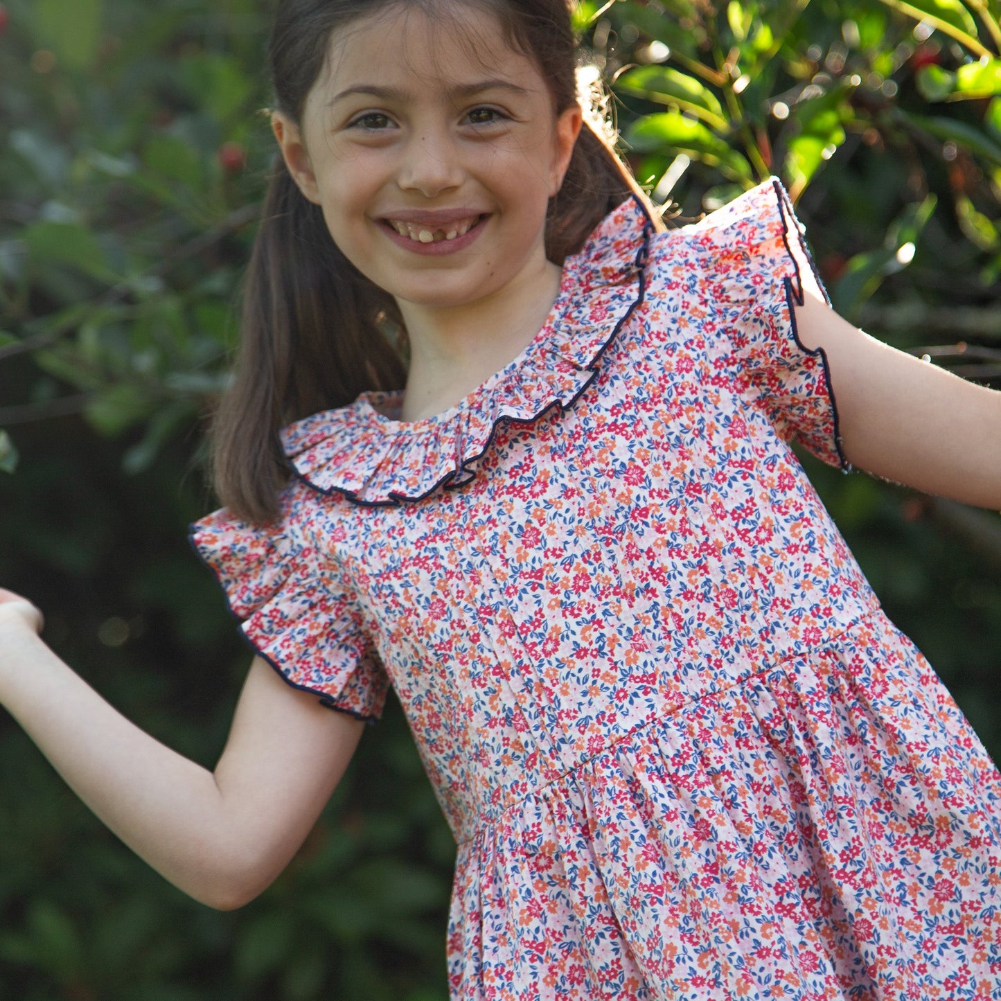 Girls Ana Dress with Ruffles | Red and Blue Floral
