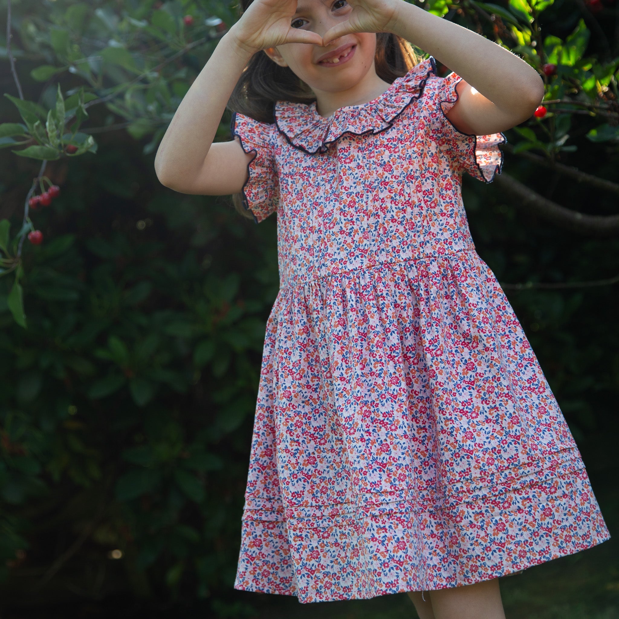 Girls Ana Dress with Ruffles | Red and Blue Floral