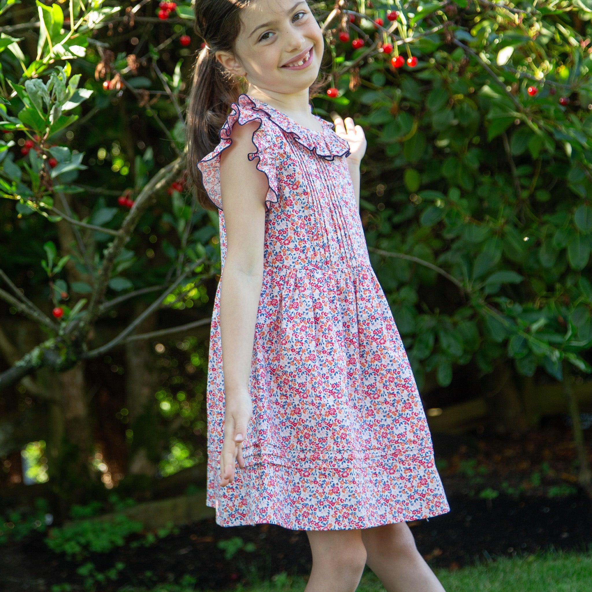 Girls Ana Dress with Ruffles | Red and Blue Floral