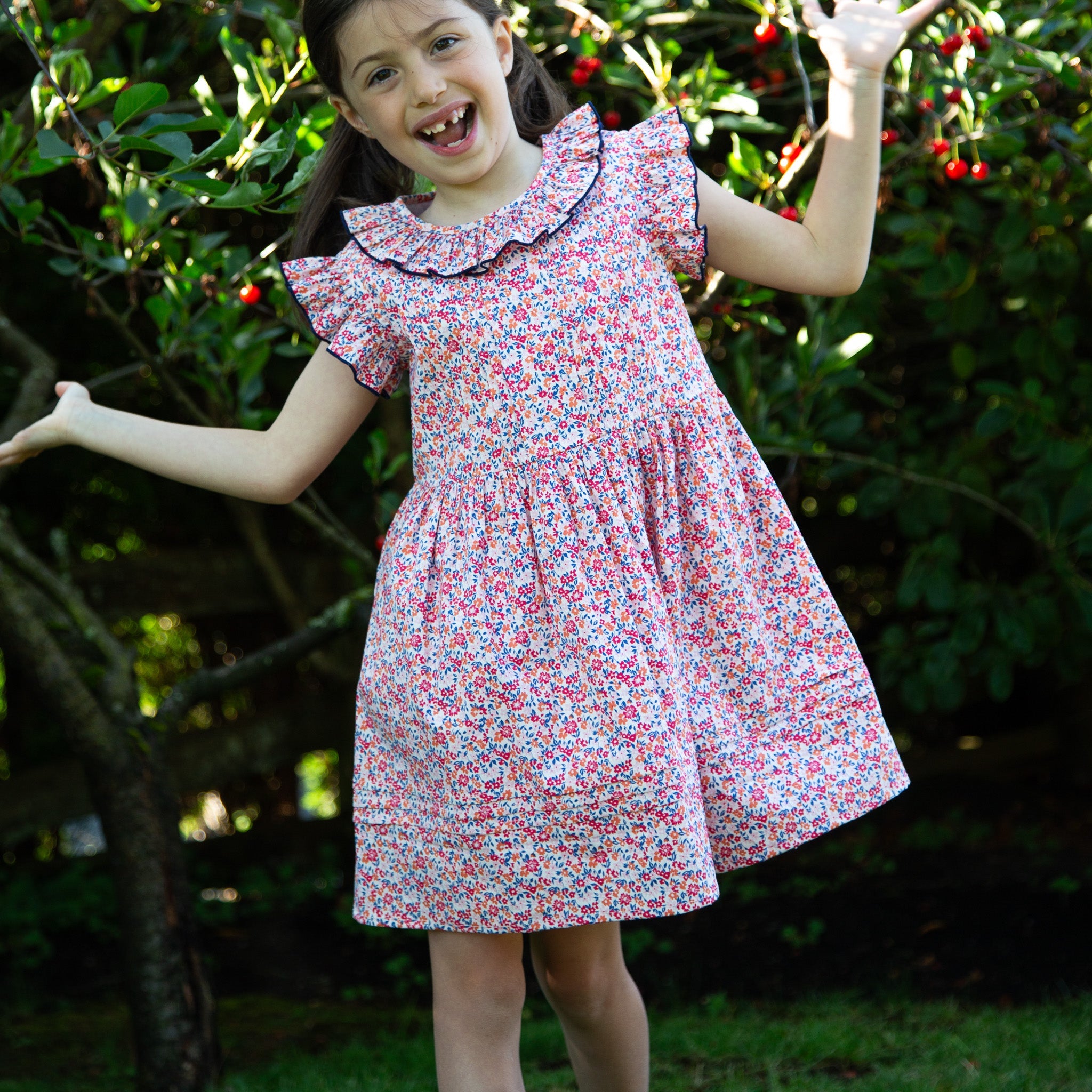 Girls Ana Dress with Ruffles | Red and Blue Floral