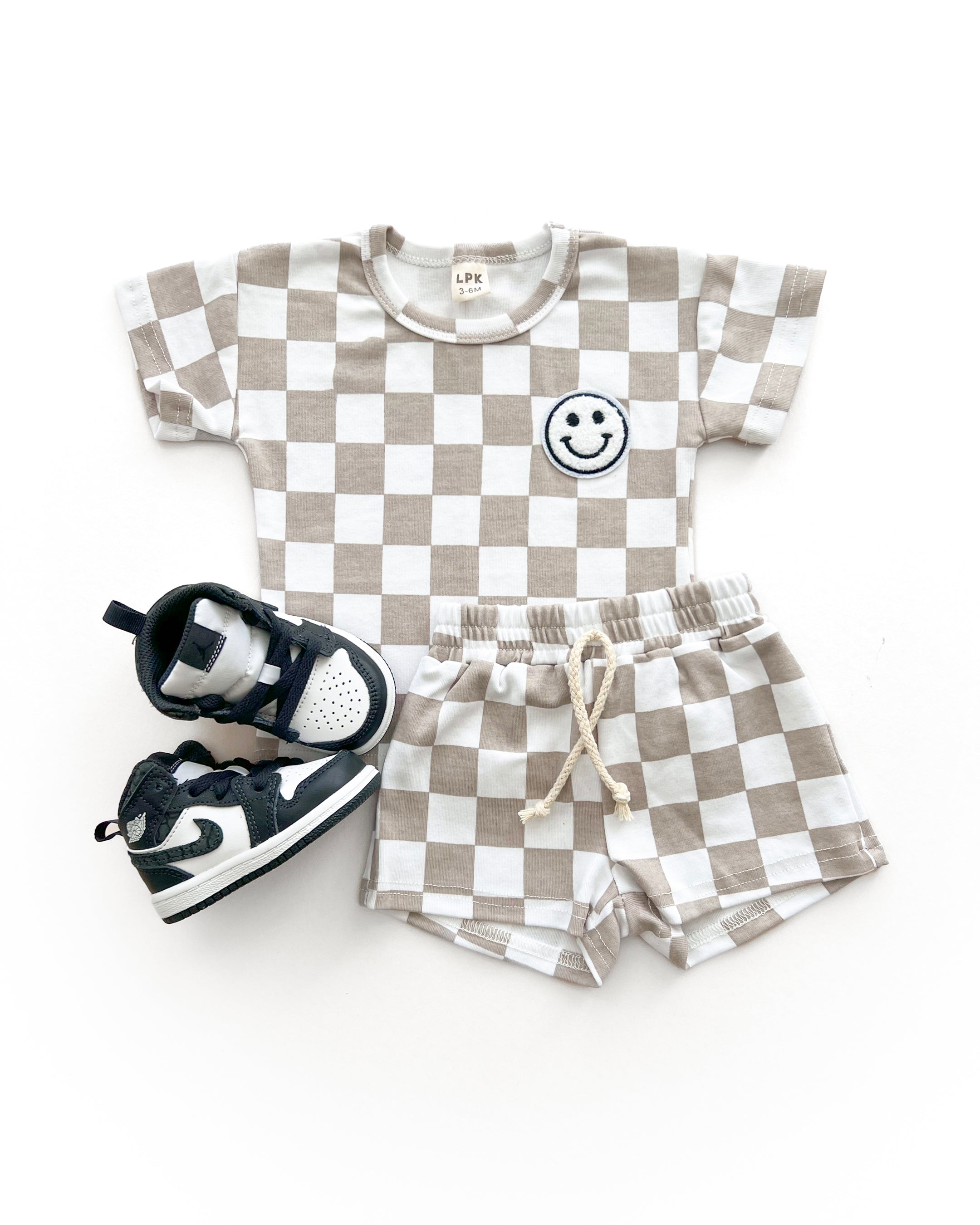 Smiley Latte Checkered Baby Shorts Set
