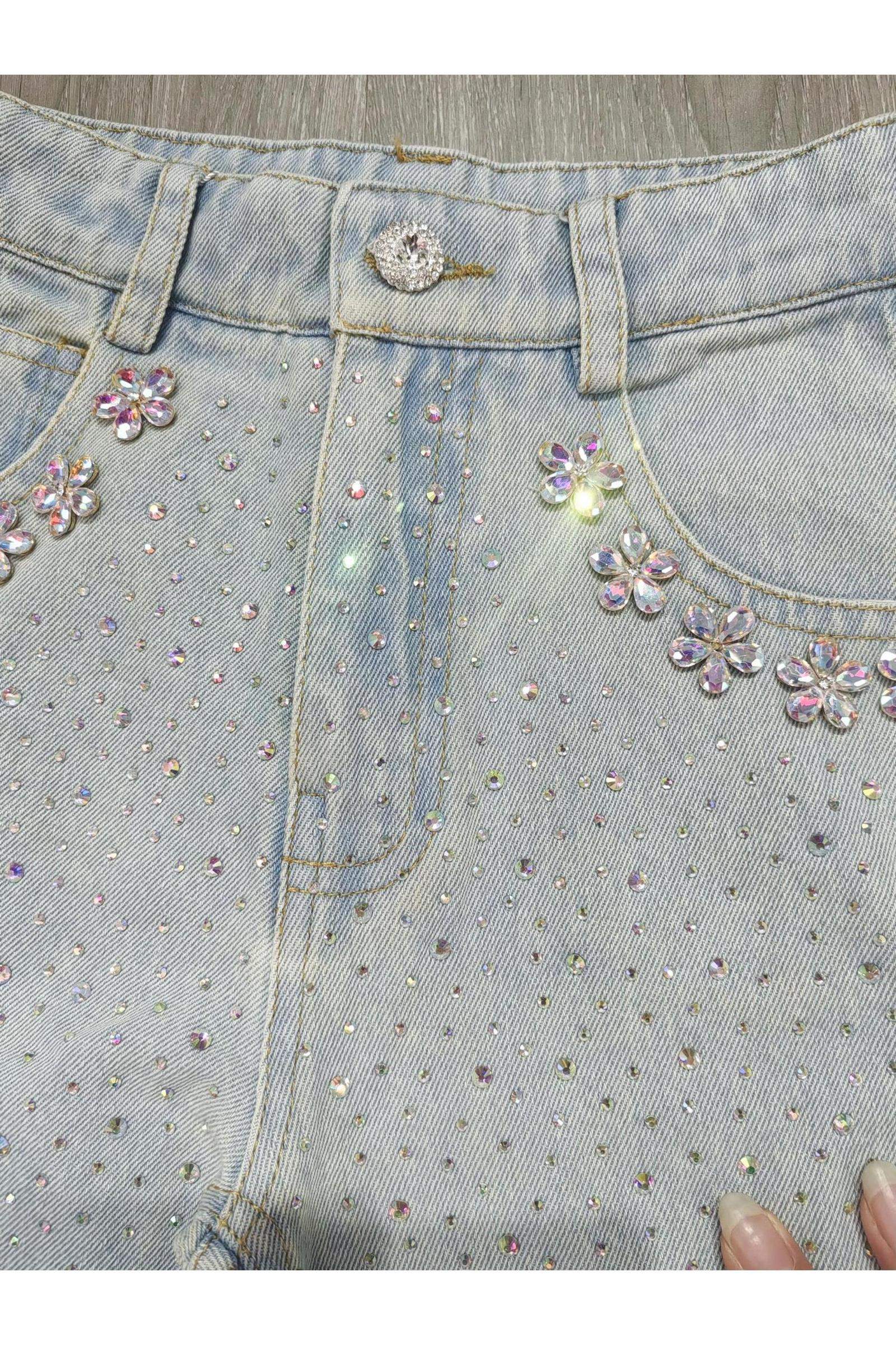 Wide Leg Gem Embellished Jeans