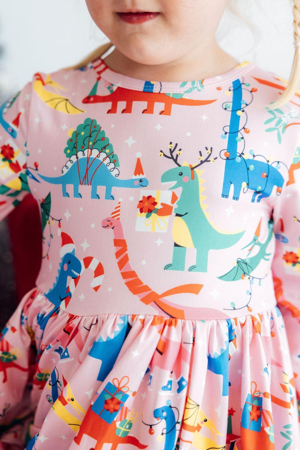 Jingle Saurus Long Sleeve Pocket Twirl Dress