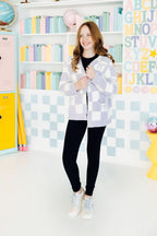 Lavender Checker Bow Cozy Cardigan