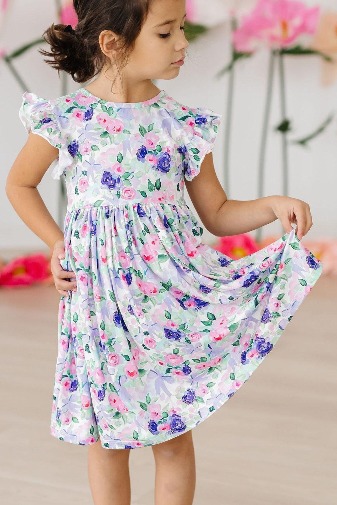 Girls Lavender Love Flutter Sleeve Twirl Dress