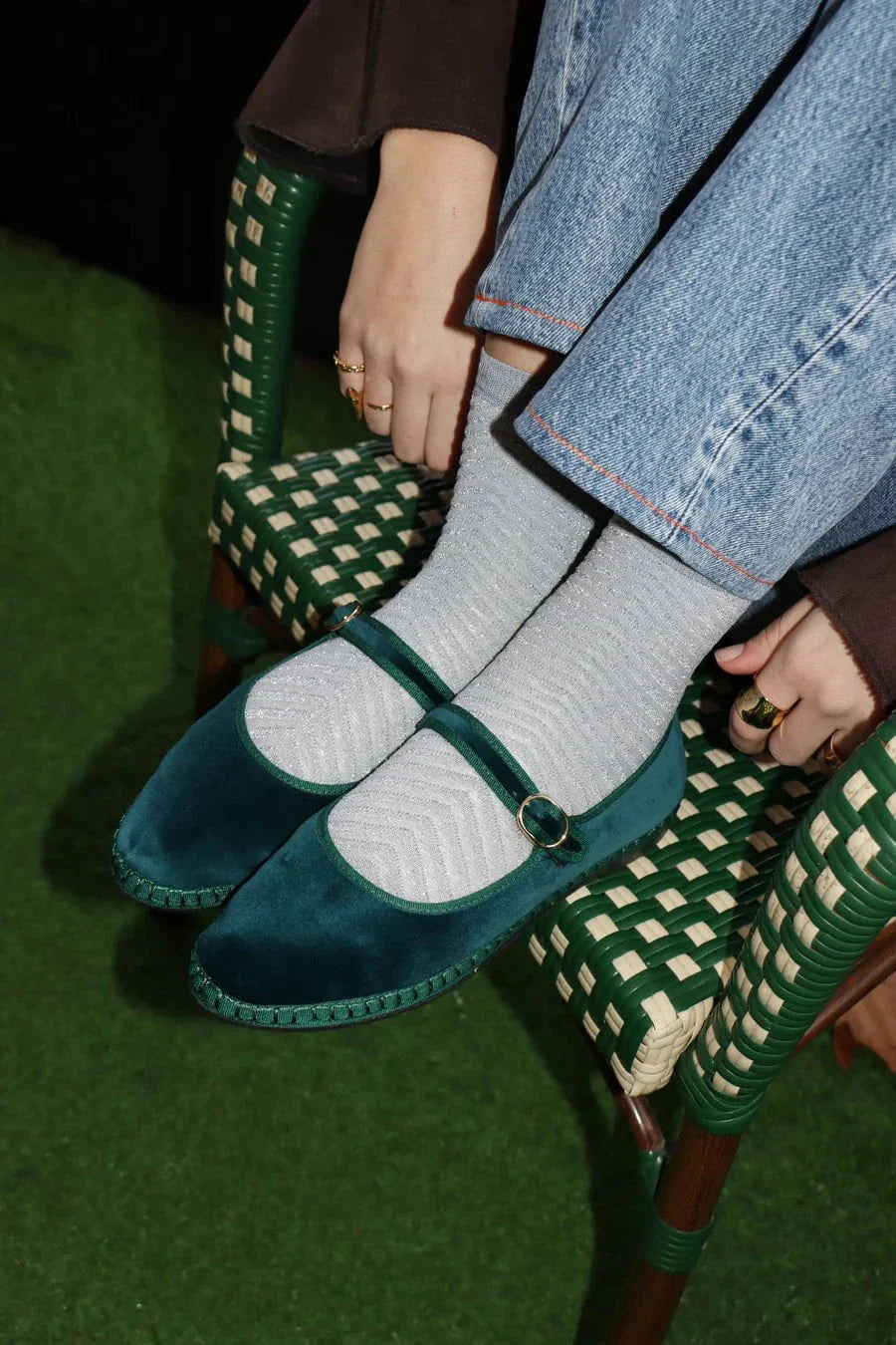 Flabelus Leonor Mary Jane Velvet Green Shoes