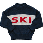 Navy blue sweater with 'SKI' in red and white on a white background