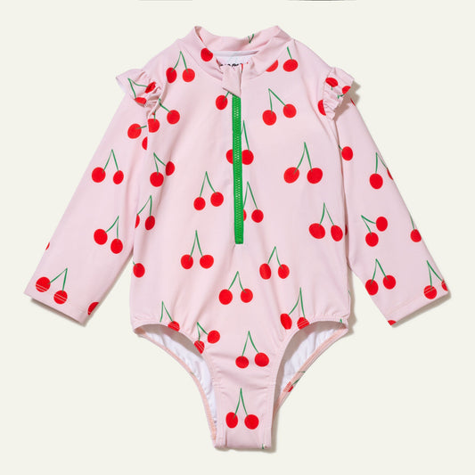 UPF 50+ Recycled Polyester Cherry Kid Zipped Rashguard Onepiece