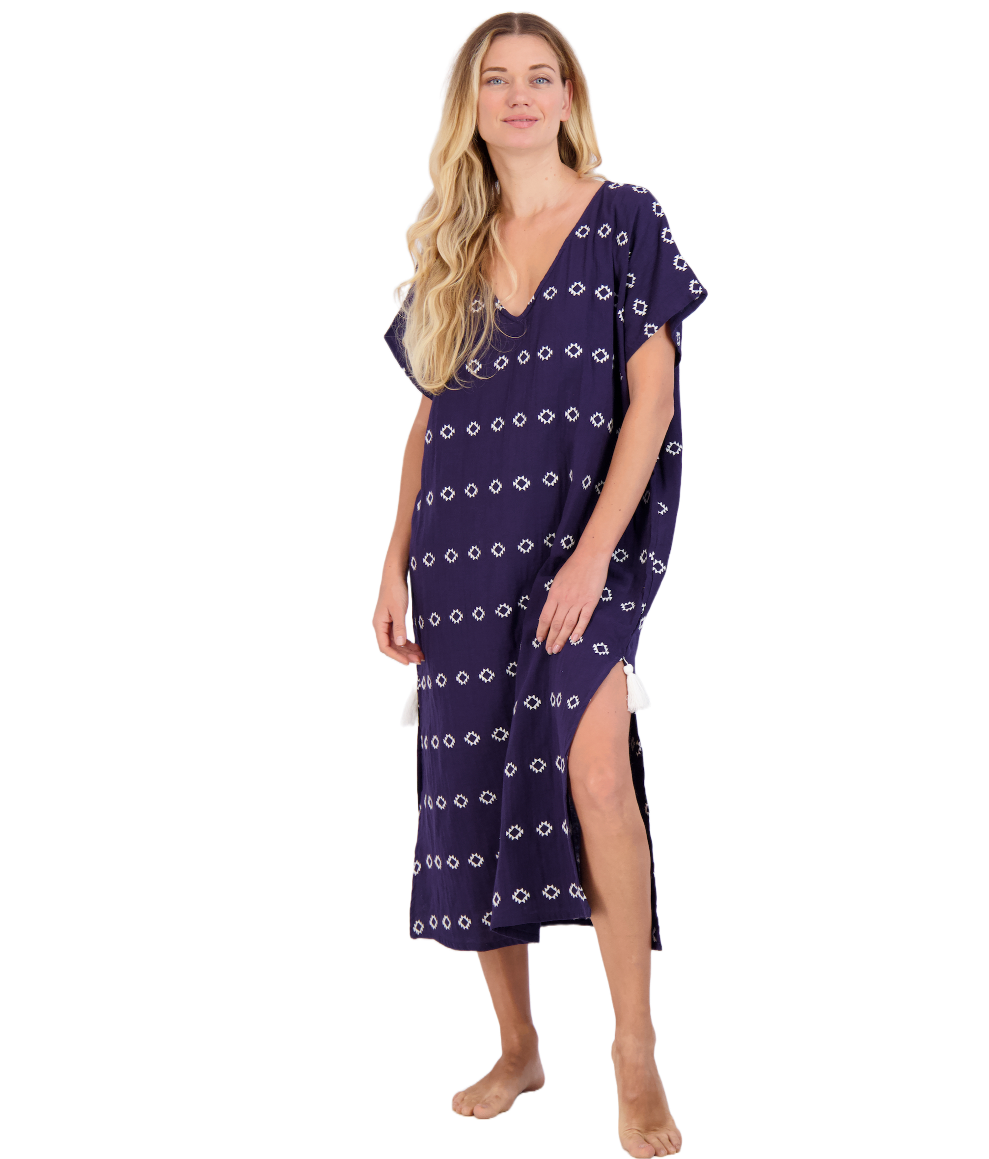 Capucine Women's Maxi Caftan Dress Navy Embroidery