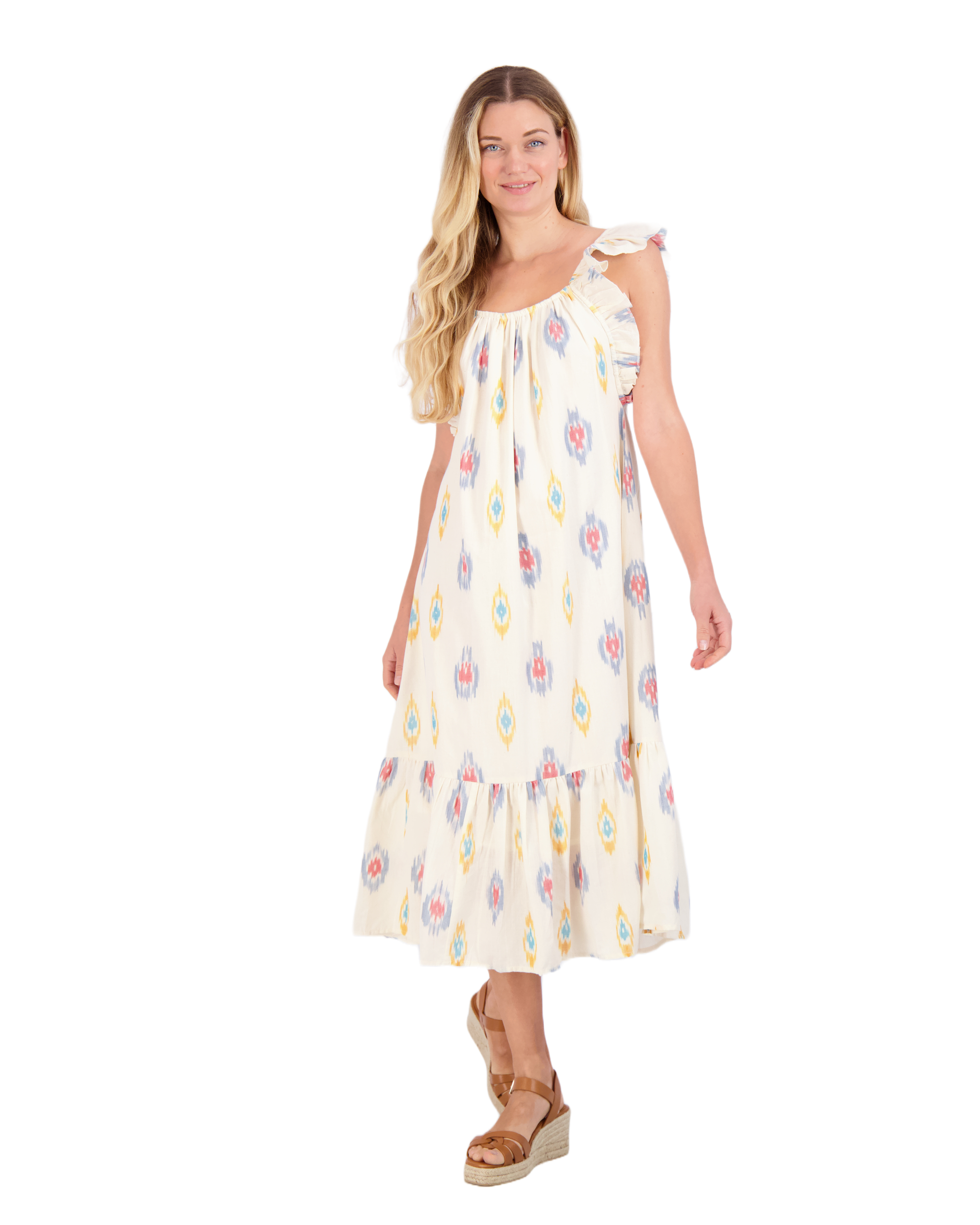 Eva Women's Ruffle Sundress Gold Blue Ikat