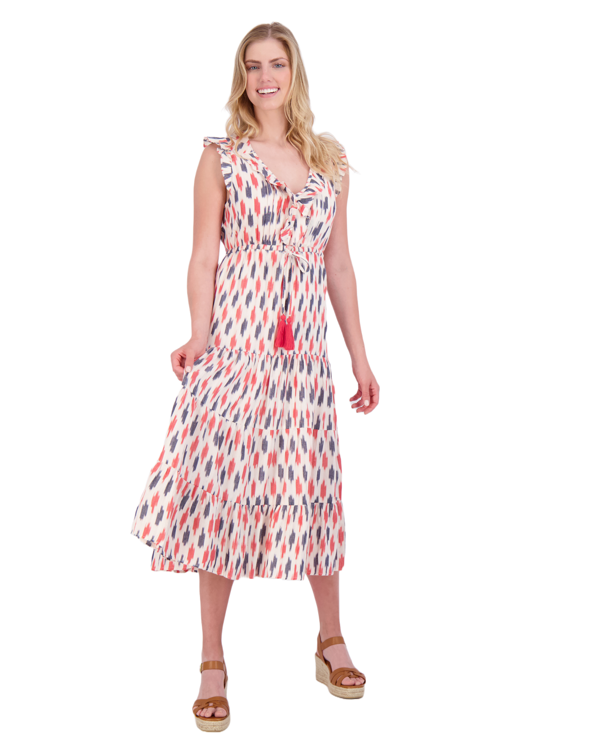 Giselle Women's Maxi Dress Cream Red Navy Ikat
