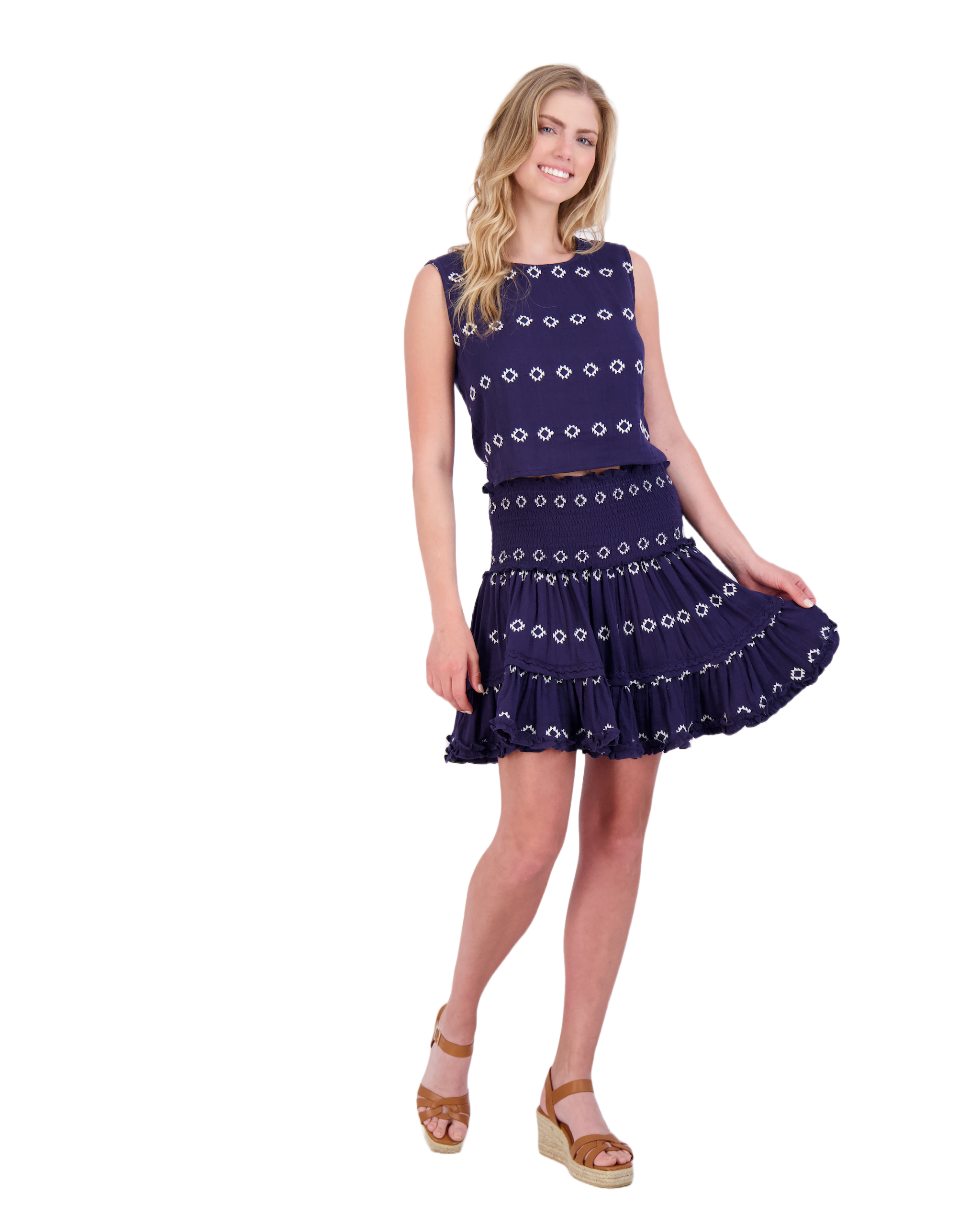 Maribel  Women's Tank and Skirt Set Navy Embroidery