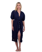 Estelle Women's Fringed Shirtdress Navy Turquoise Swiss Dot