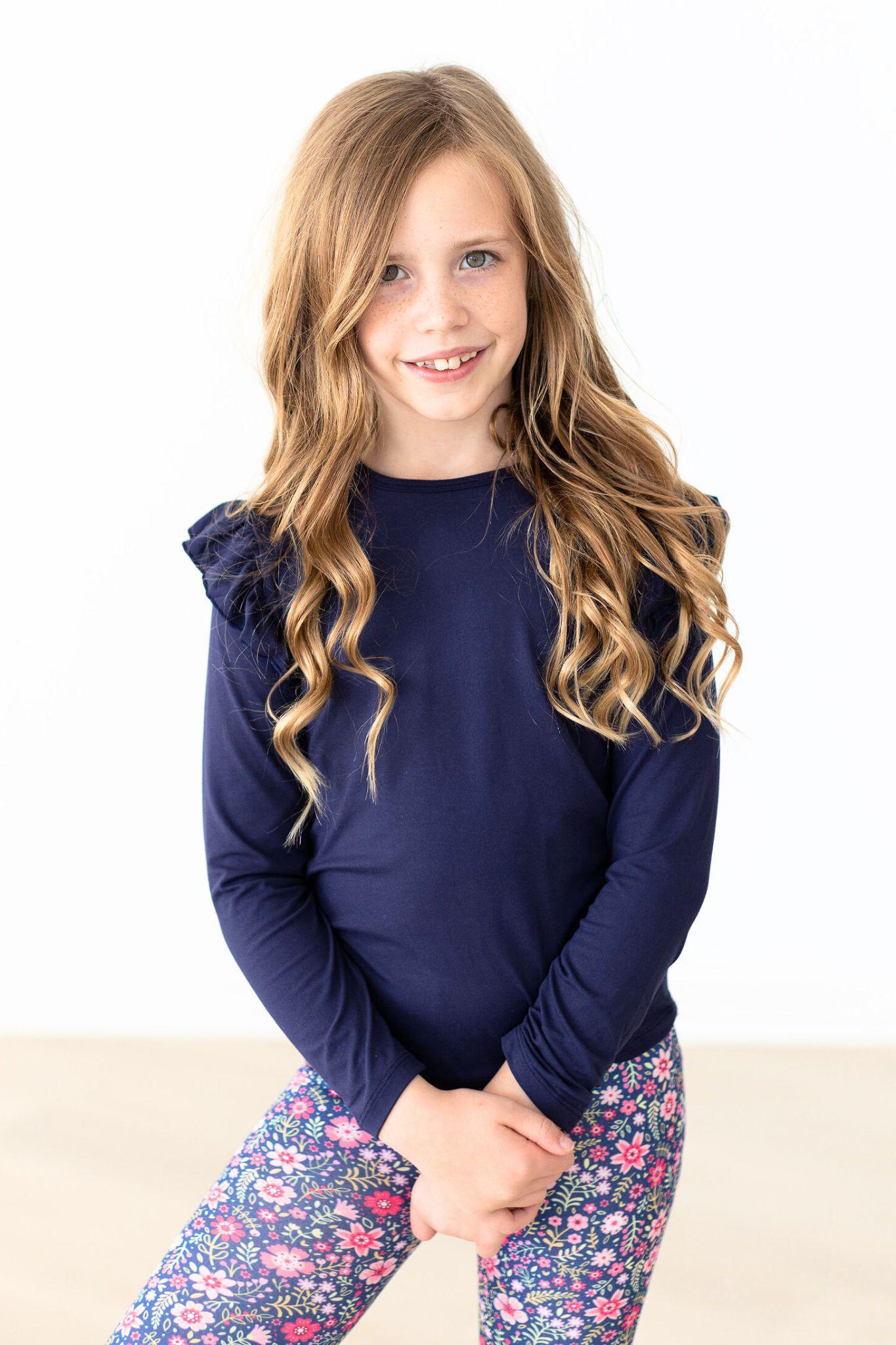 Navy Long Sleeve Ruffle Tee