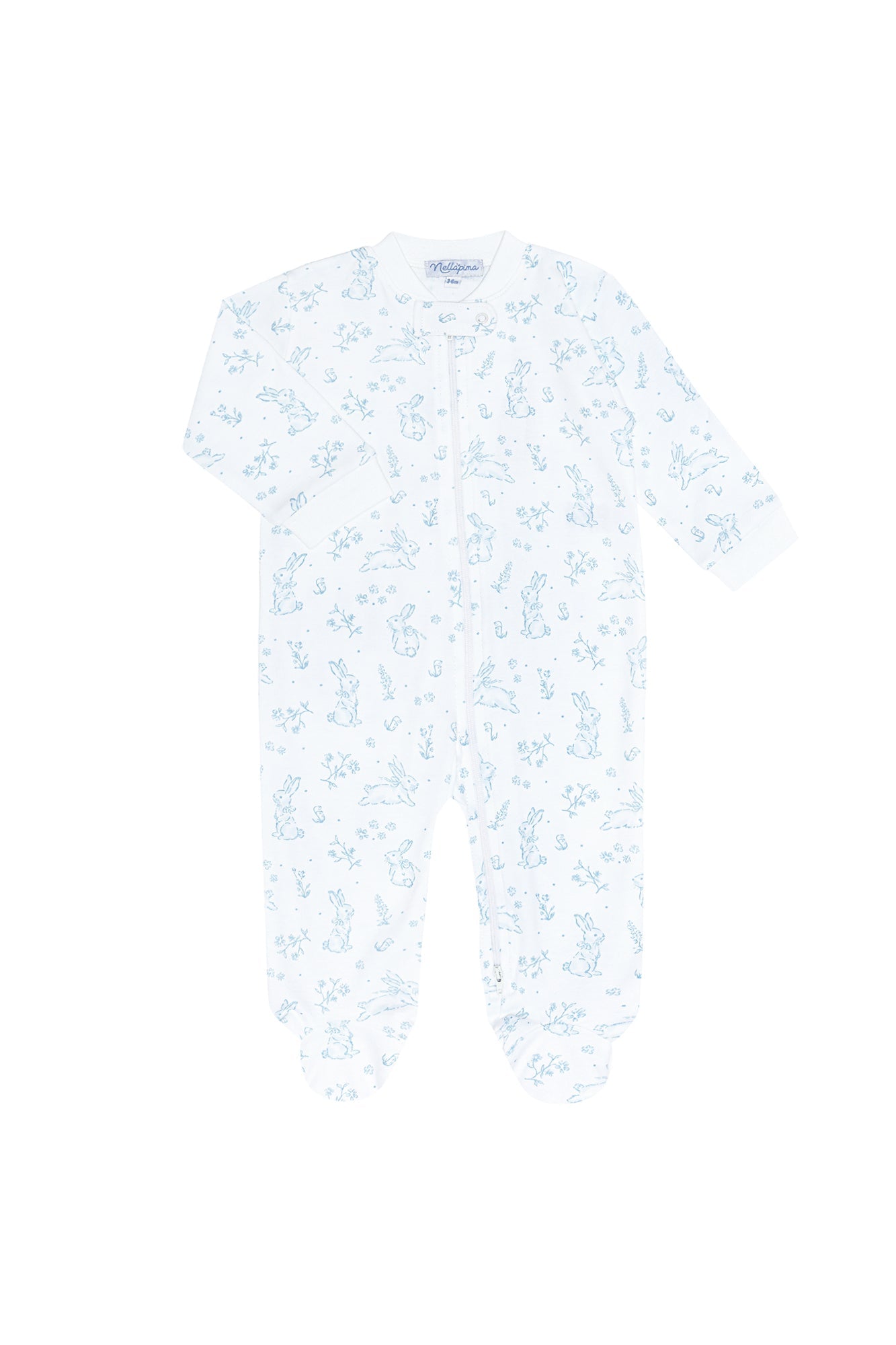 Baby Boy Blue Bunny Toile Pima Cotton Zipper Footie