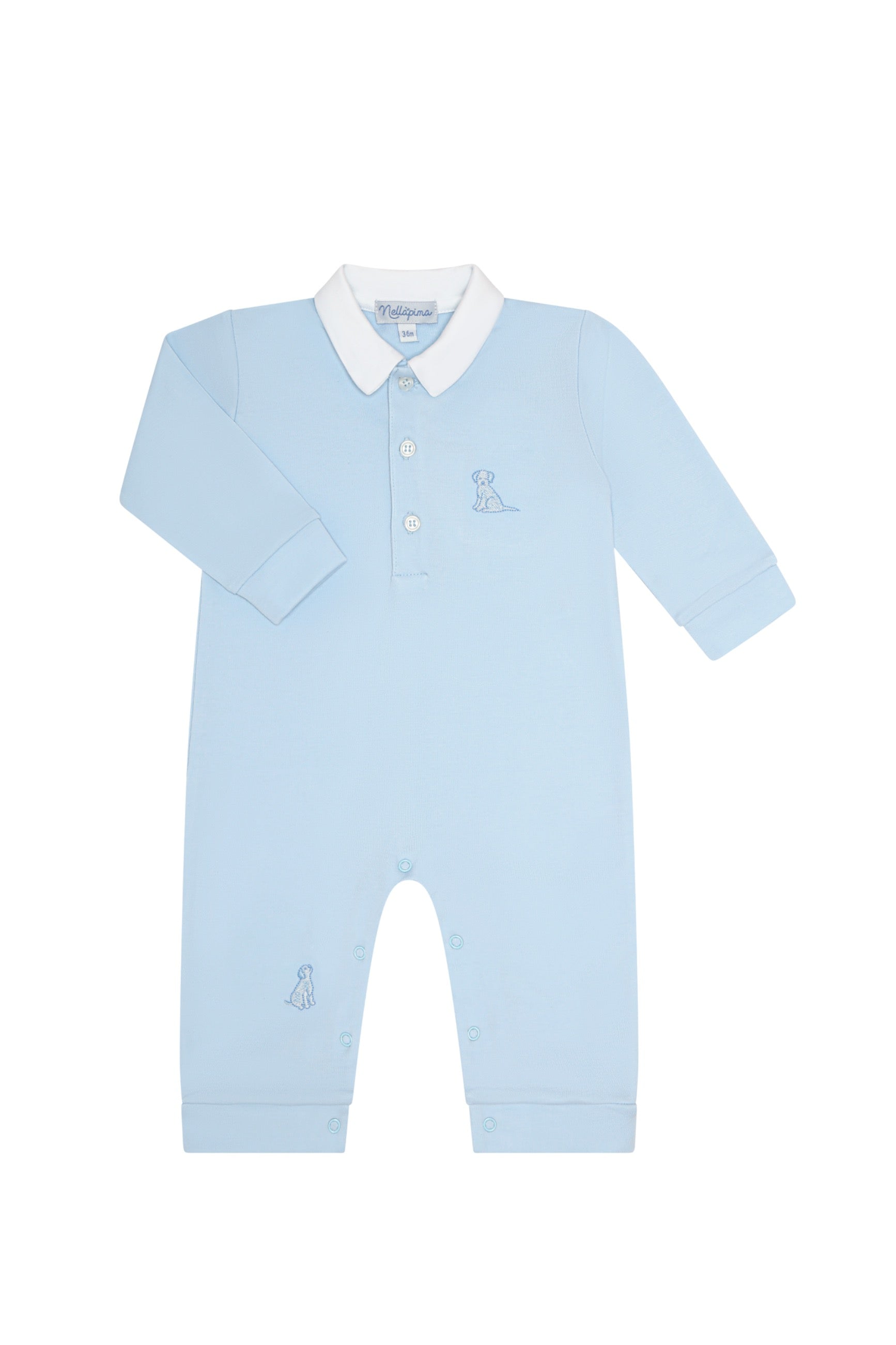 Blue Puppy Love Embroidery Long Sleeve Romper