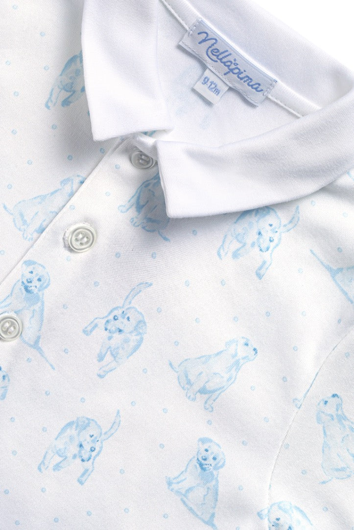 Blue Puppy Love Print Romper long sleeve