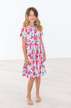 Neon Floral Short Sleeve Pocket Twirl Dress