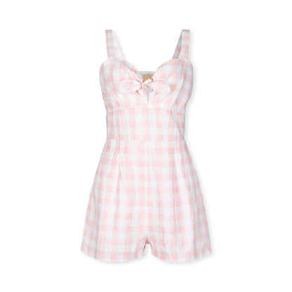 Women’s Pink Check Bow Romper – Organic Linen Blend