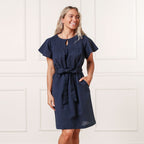 Women’s Navy Linen Keyhole Dress
