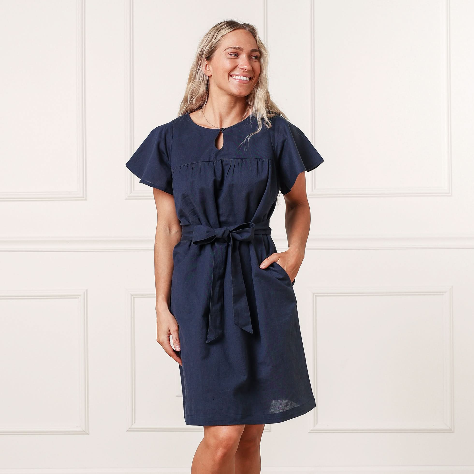 Women’s Navy Linen Keyhole Dress