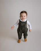 Elegant Forest Green Corduroy Boy Overalls with yellow gingham trim and wooden buttons, ideal for stylish fall and holiday wear by Cuclie