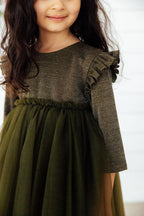 Olive Shimmer 3/4 Sleeve Tutu Dress