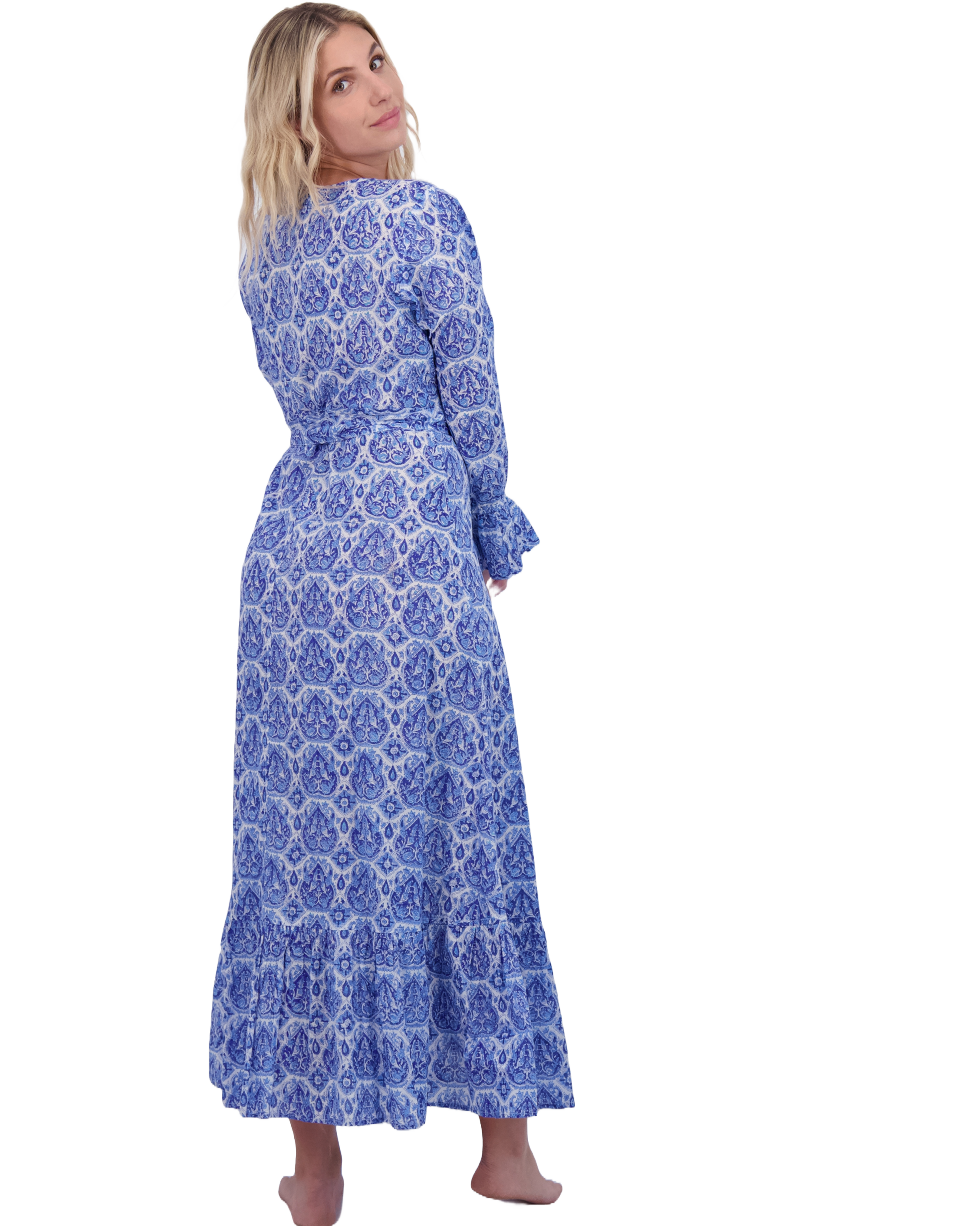 Genevieve Women's Ruffle Wrap Dress Blue Paisley