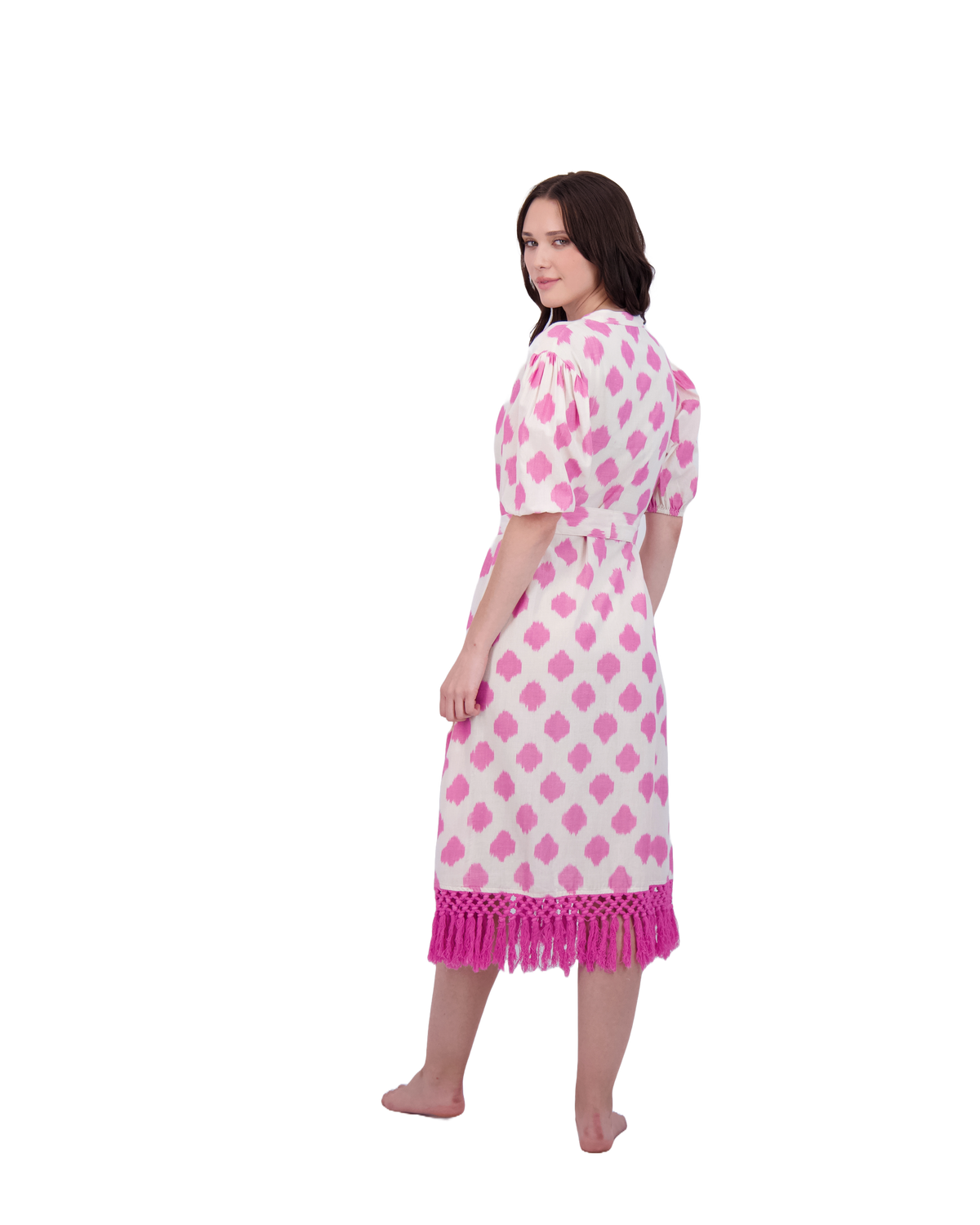 Estelle Women's Fringed Shirtdress White Pink Ikat