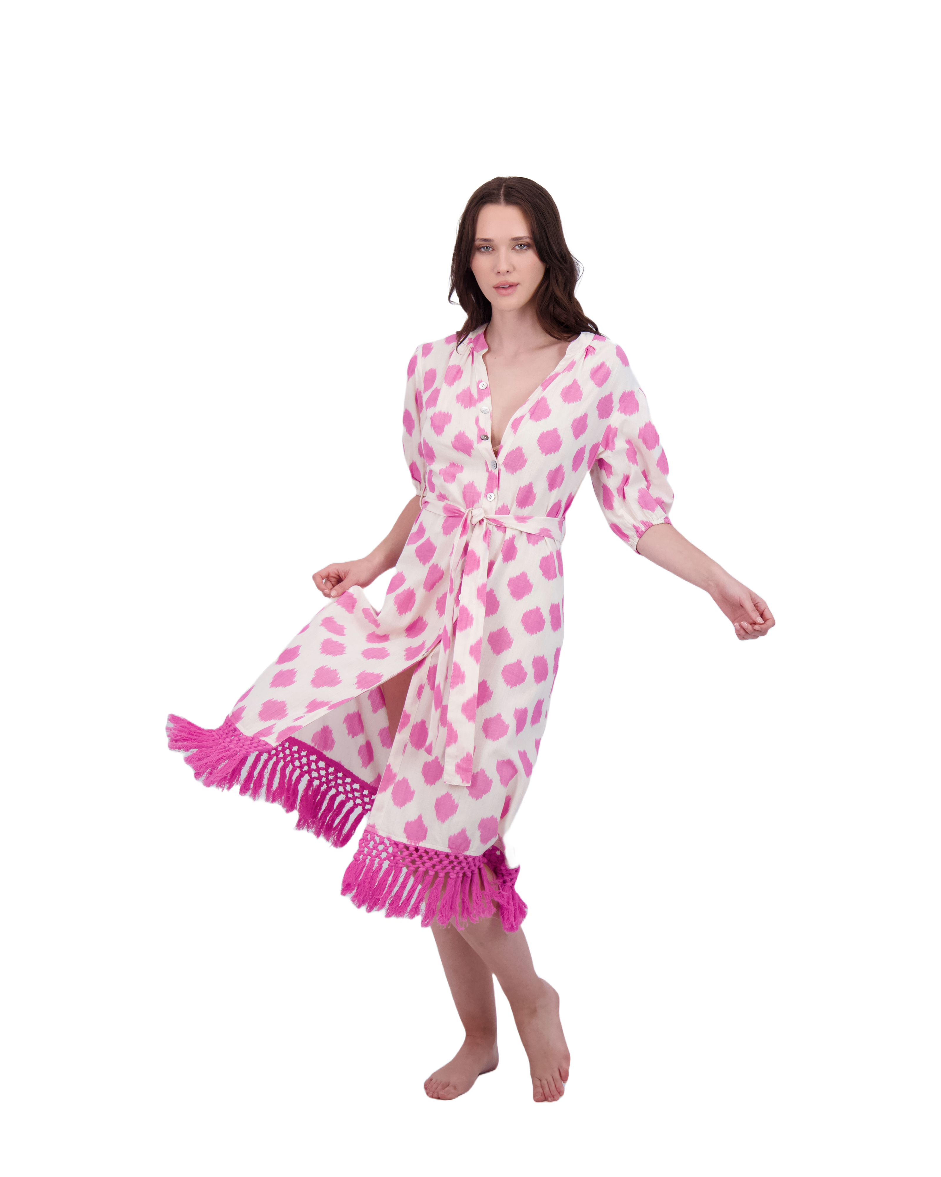 Estelle Women's Fringed Shirtdress White Pink Ikat