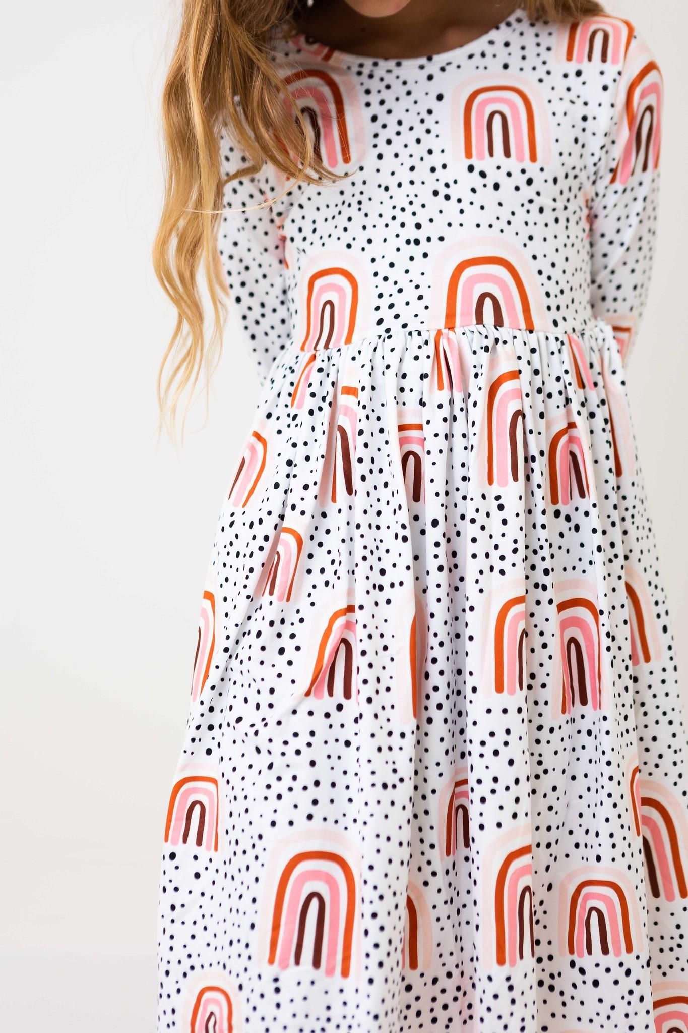 Girls Peach Rainbow Twirl Dress with Pockets