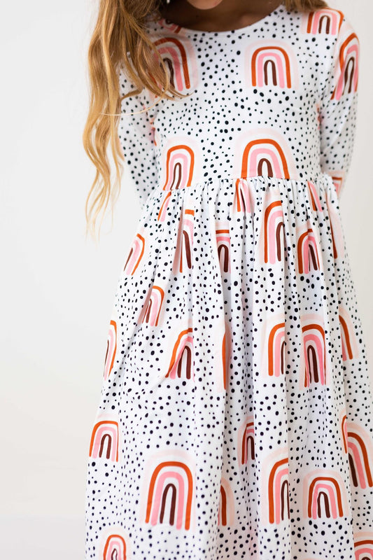 Girls Peach Rainbow Twirl Dress with Pockets