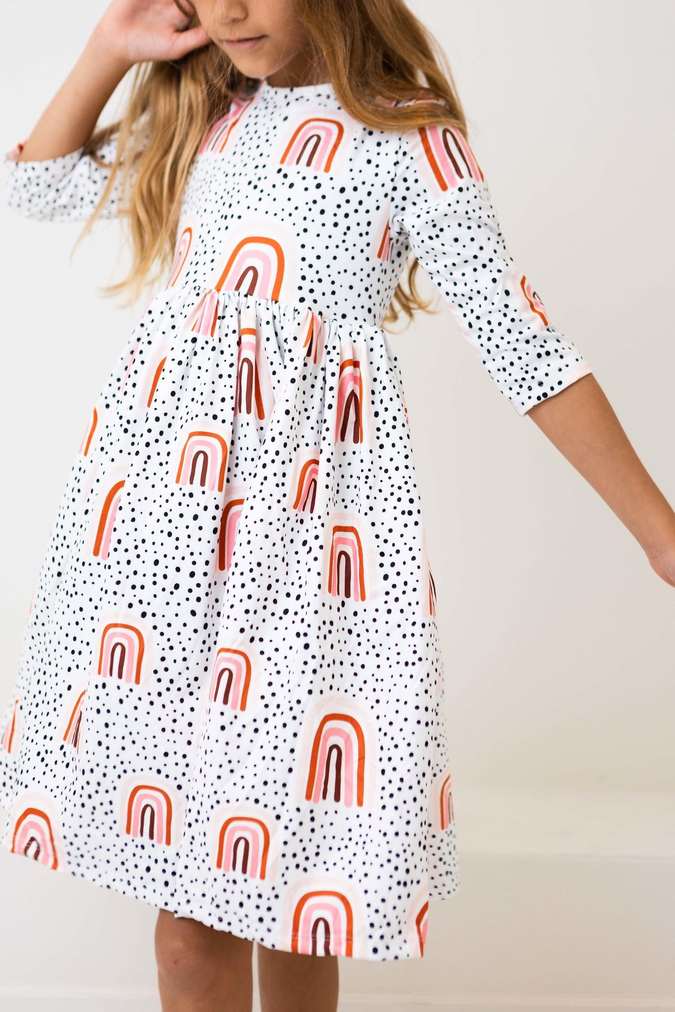 Girls Peach Rainbow Twirl Dress with Pockets