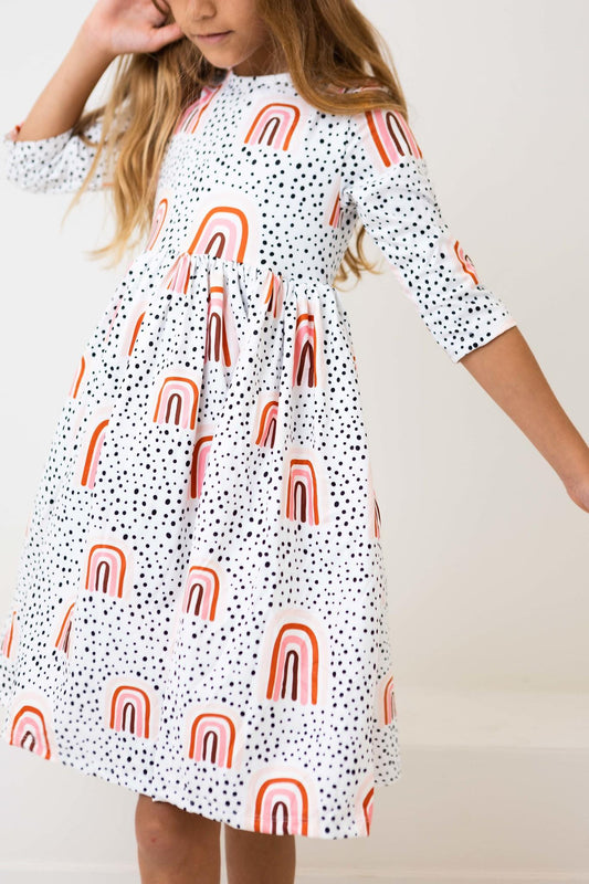 Girls Peach Rainbow Twirl Dress with Pockets