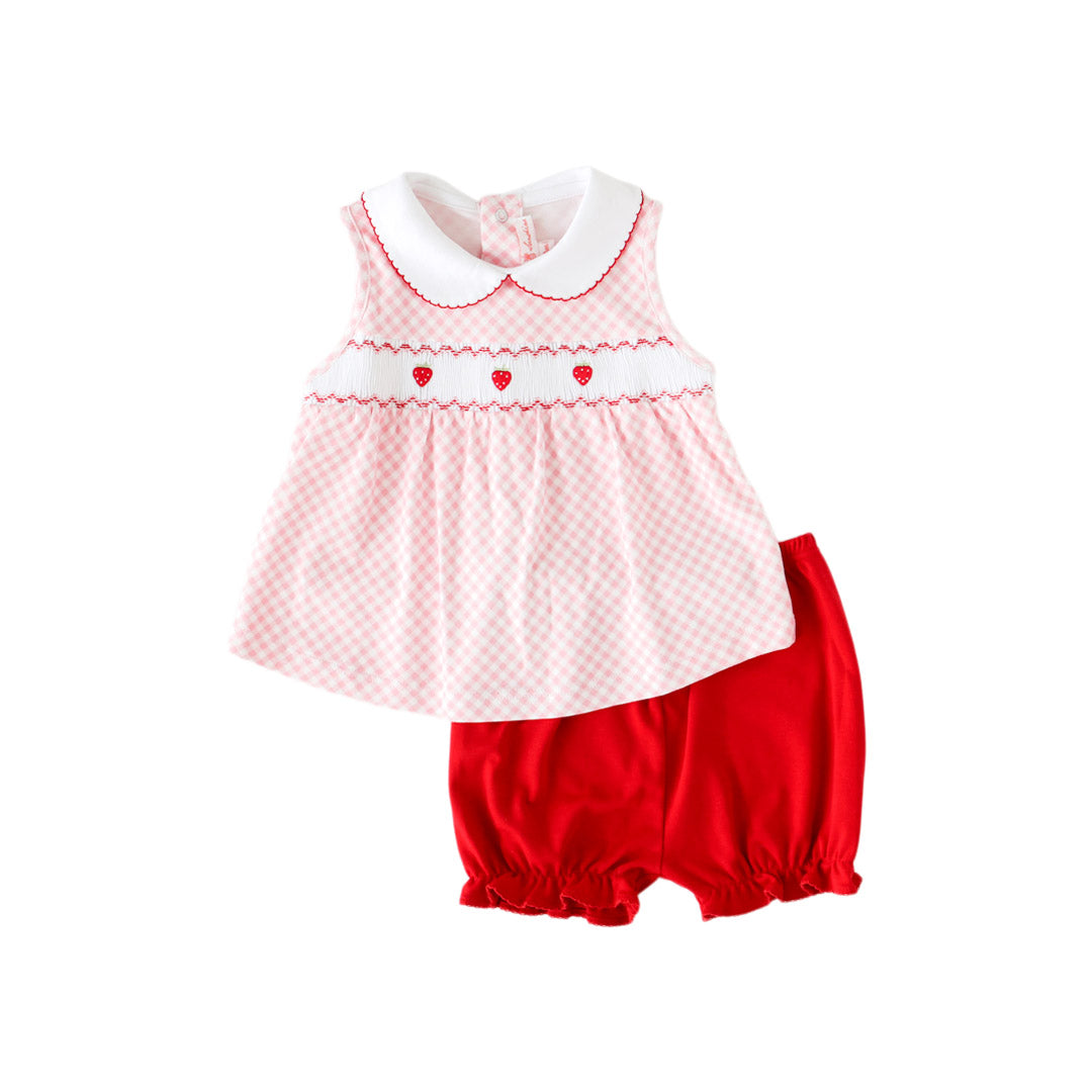Pink Gingham Strawberry Smocked Bloomer Set