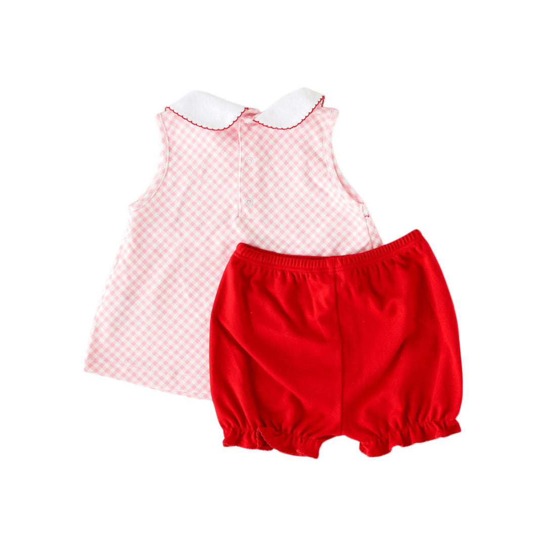 Pink Gingham Strawberry Smocked Bloomer Set