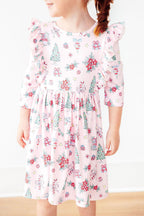 Pink Christmas 3/4 Sleeve Ruffle Twirl Dress