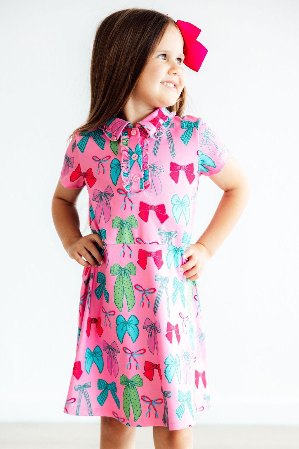 Pink Twirls & Ties Short Sleeve Polo Dress