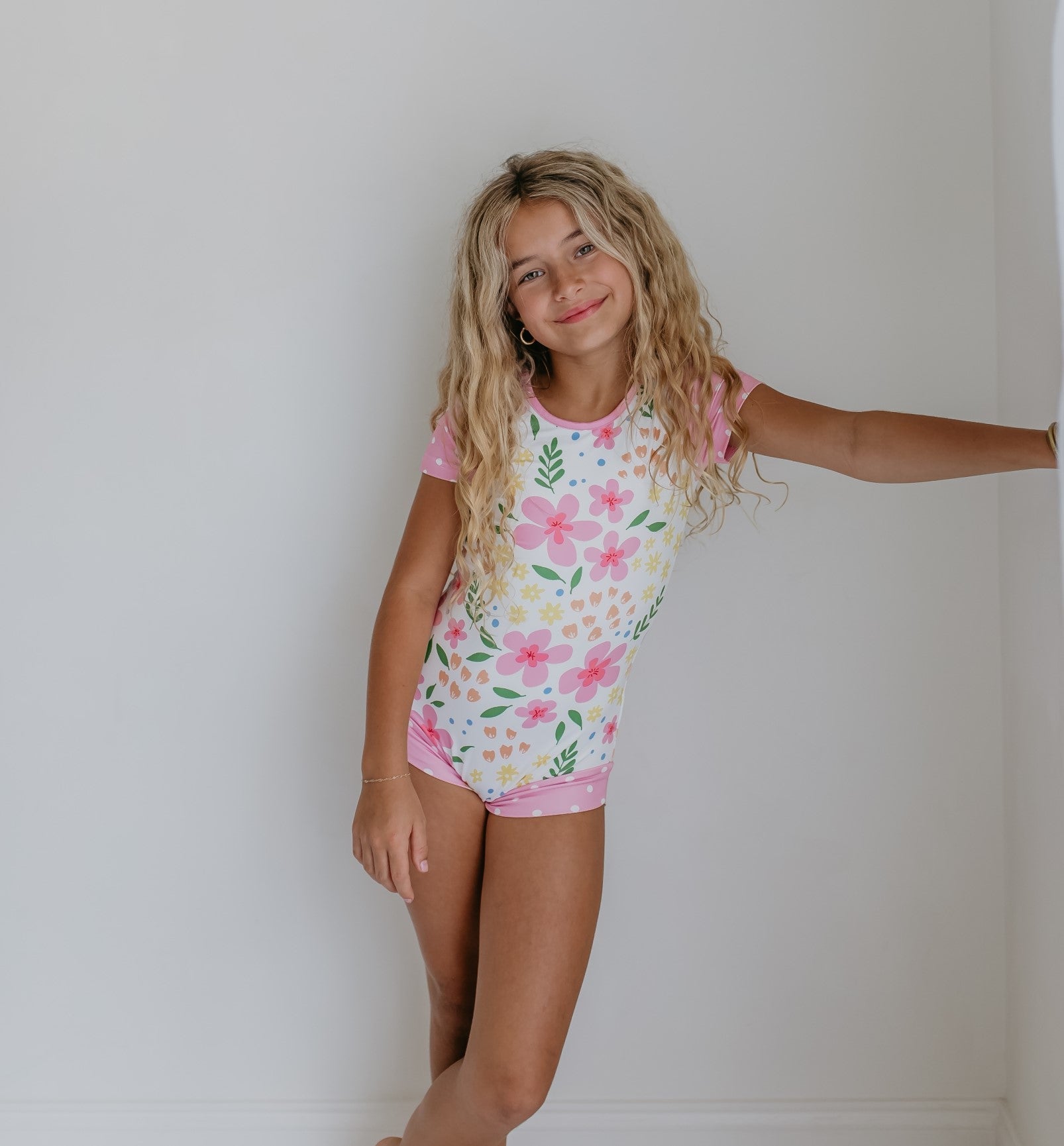 Pink and Yellow Floral Shortie Leotard