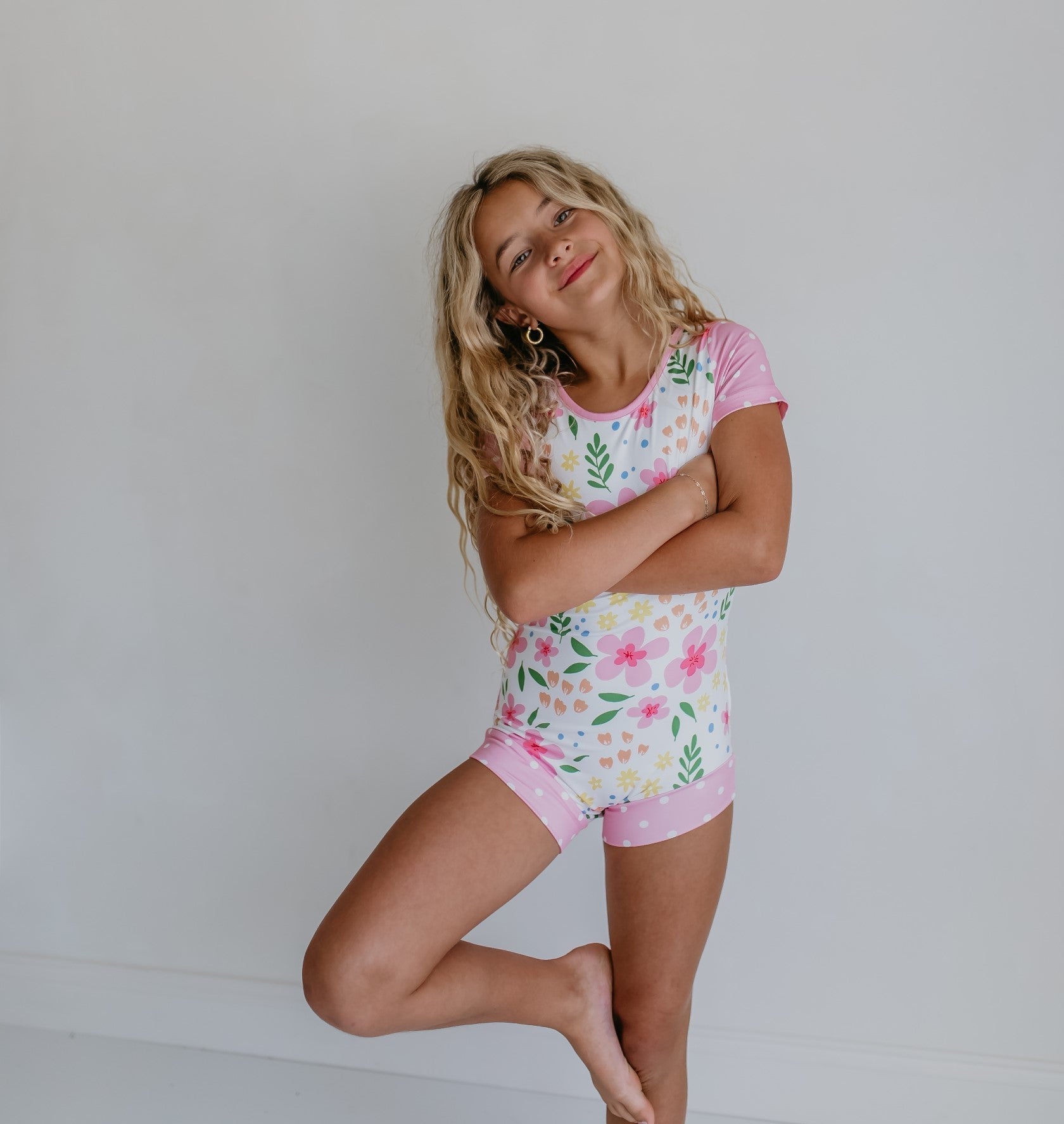 Pink and Yellow Floral Shortie Leotard